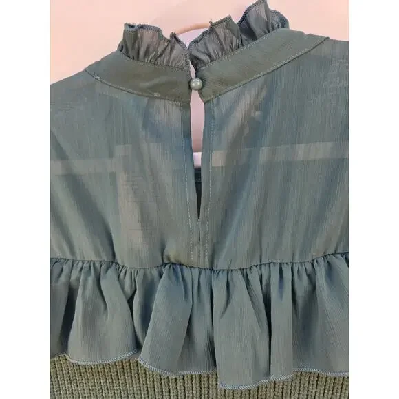Kirundo Women's extra Large Sweater NWT Green Sheer High Collar Ruffle Preppy - Picture 9 of 16